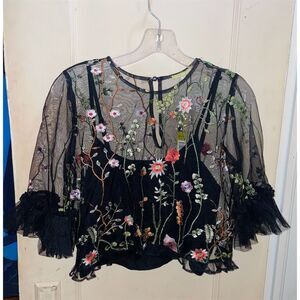 Gianni Bini Women's S Black Floral Sheer Embroidered Bell Sleeve Top